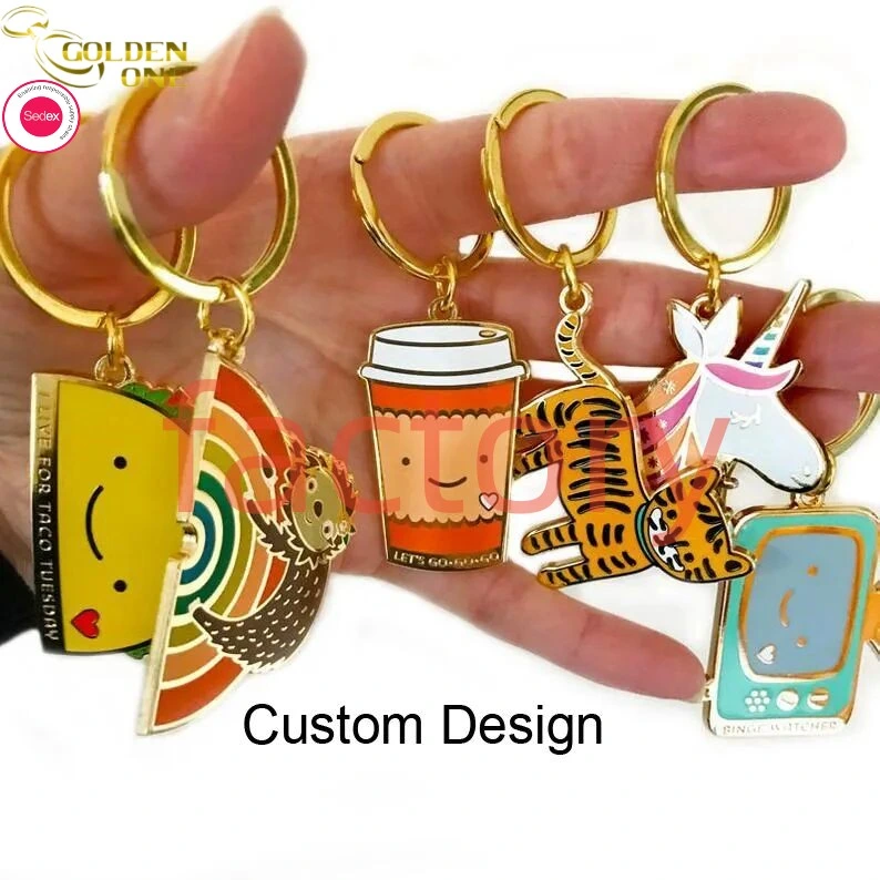 Hot Sale Bag Accessories Zinc Alloy Gold Plated Enamel Charm Metal Key Chain with Free Design