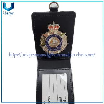 Изготовленный на заказ металлический значок служащего правительства Австралии с держателем из воловьей кожи, серебряный значок полиции Австралии с кожаным держателем